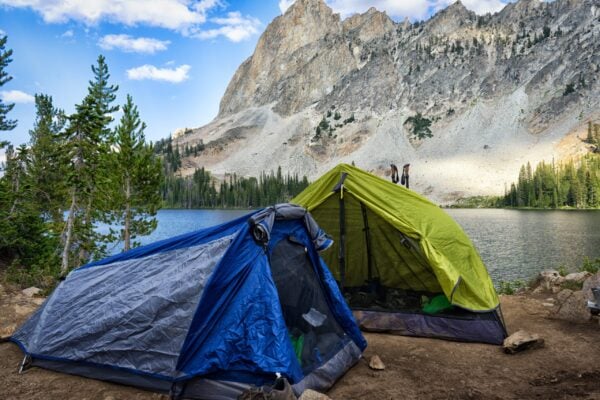 Backcountry camping beside a mountain lake